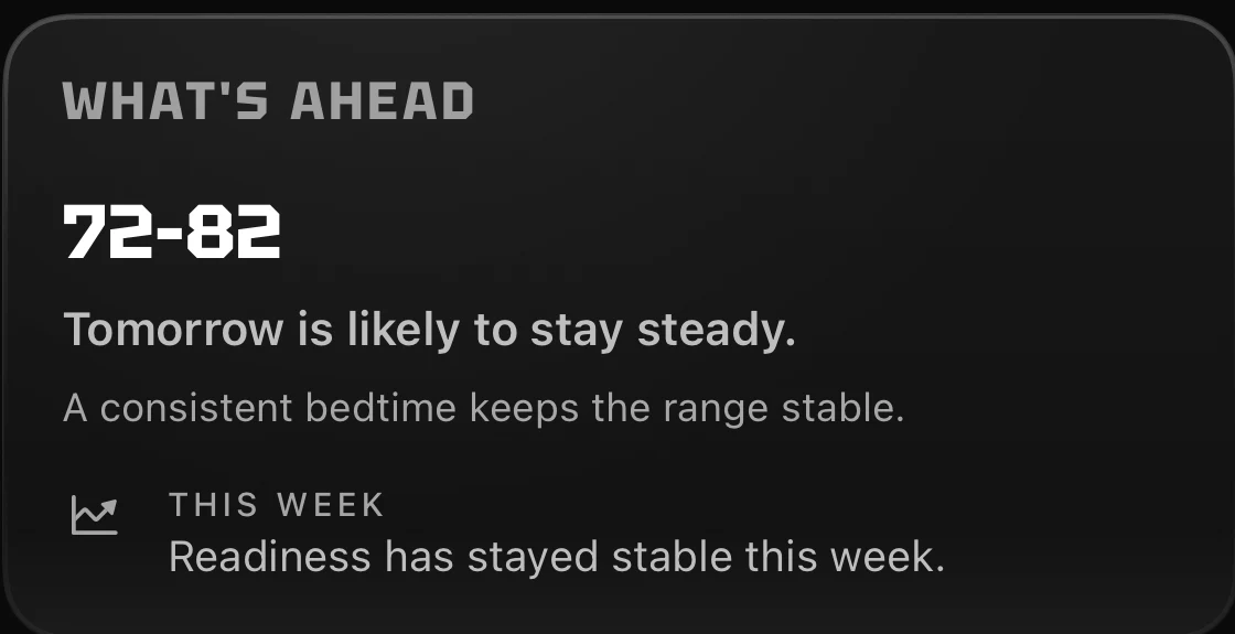 The What's ahead card, forecasting a readiness range of 72 to 82 for tomorrow and noting that a consistent bedtime keeps the range stable