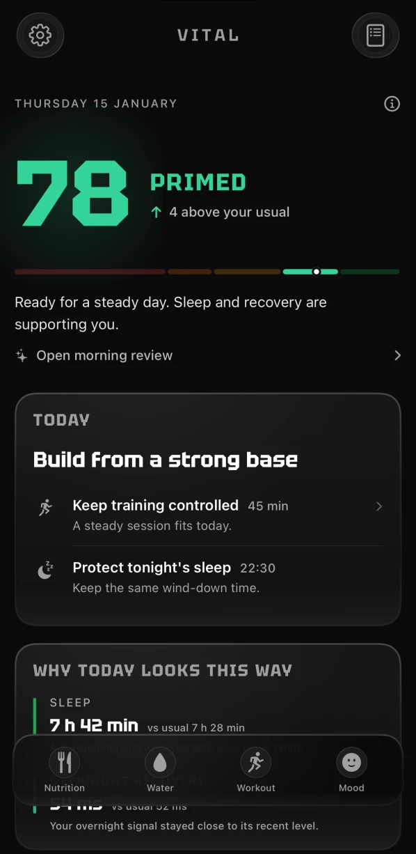 The Vital home screen showing a readiness score of 78, marked Primed and four above the usual level, with the day's plan beneath it