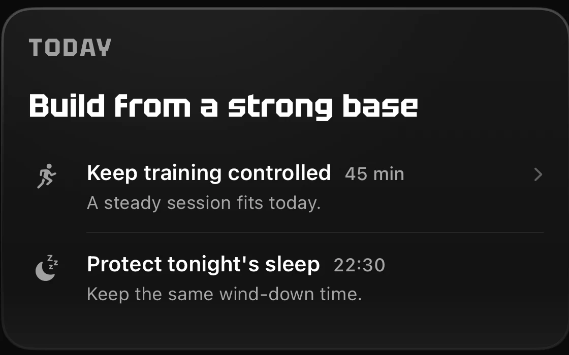 The Today card in the Vital app, headed Build from a strong base, suggesting a controlled forty five minute session and protecting sleep by half past ten