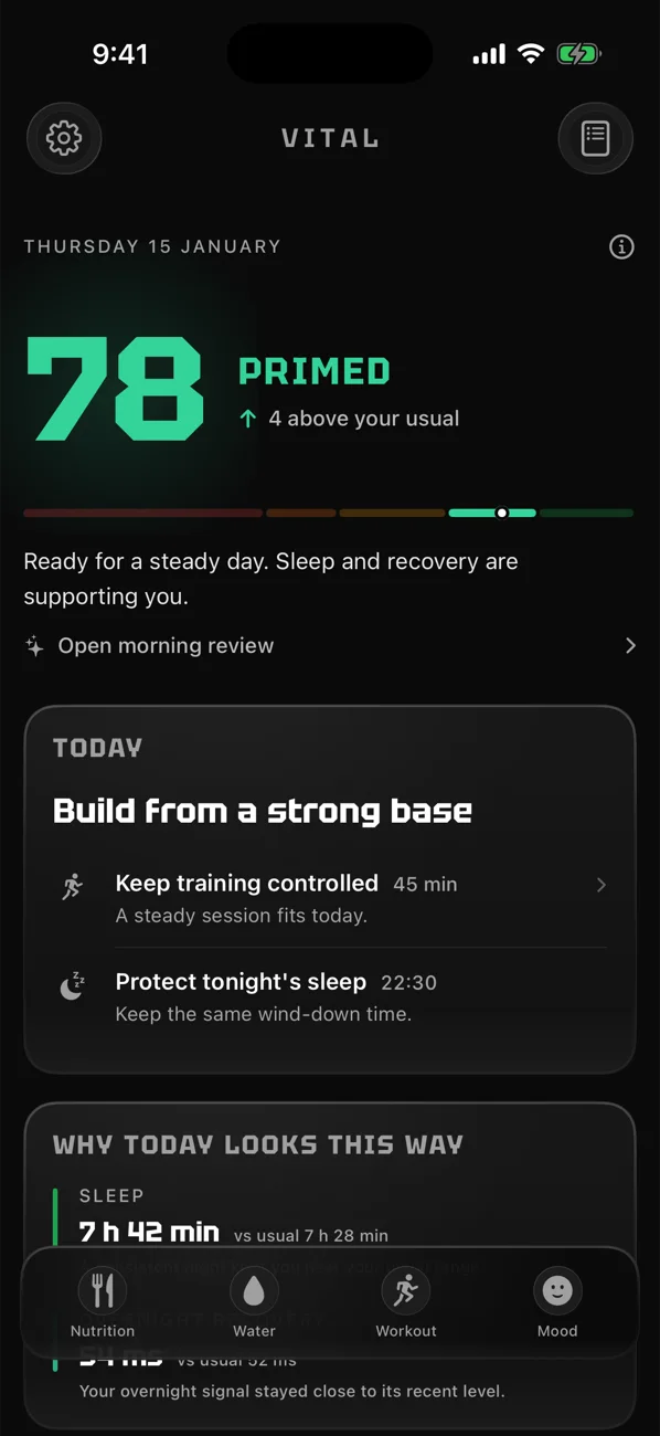 The Vital app home screen, Vital Dark theme
